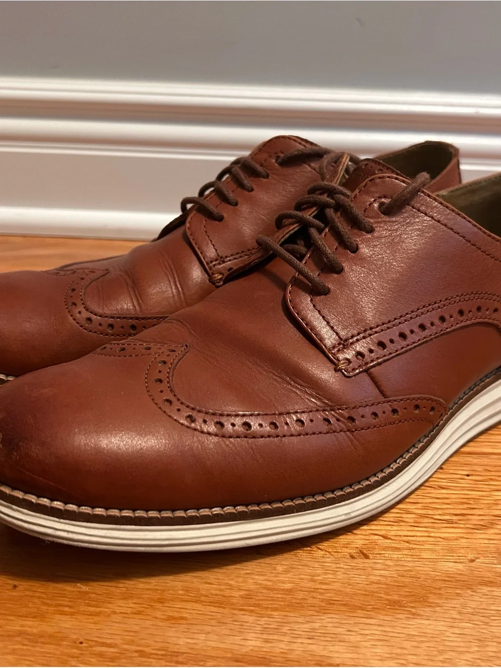 Cole Haan Brown Leather Wingtip Derby Oxfords with White Contrast Sole
